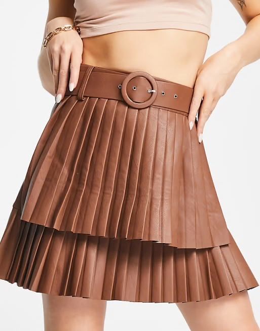 Къса кожена пола в кафяво ZARA плисе с колан