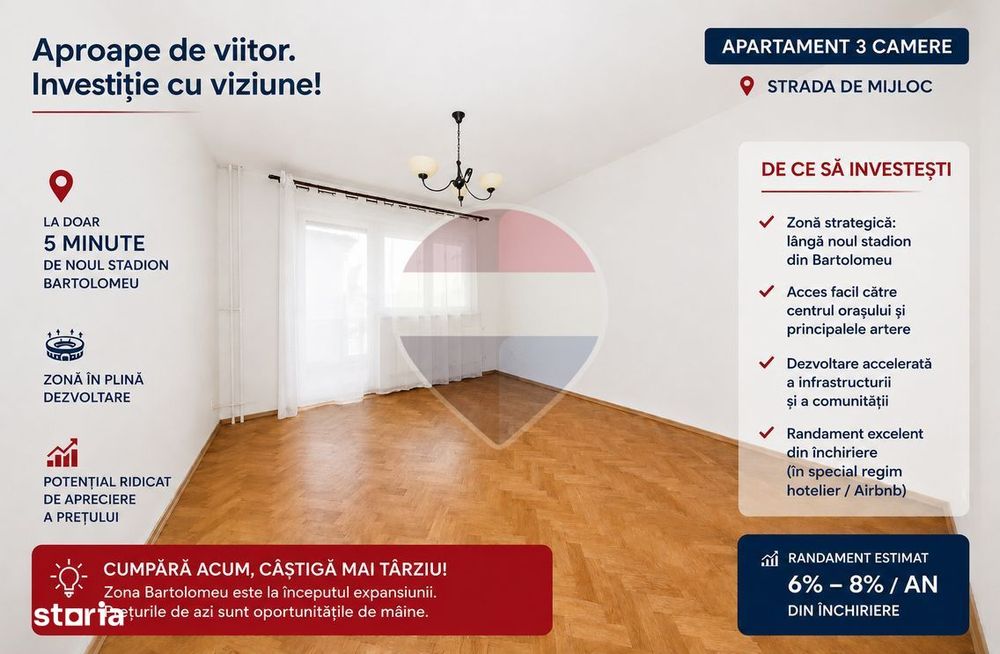 Apartament decomandat cu 3 camere Strada de Mijloc, Brașov