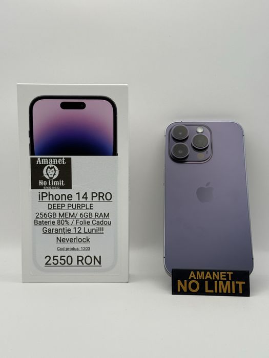 iPhone 14 Pro 256GB Deep Purple Ca Nou Garantie 1An, AMANET NO LIMIT.