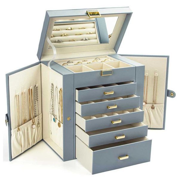 кутия за бижута 6-етажна от естествено дърво, кожа с огледало – XXL