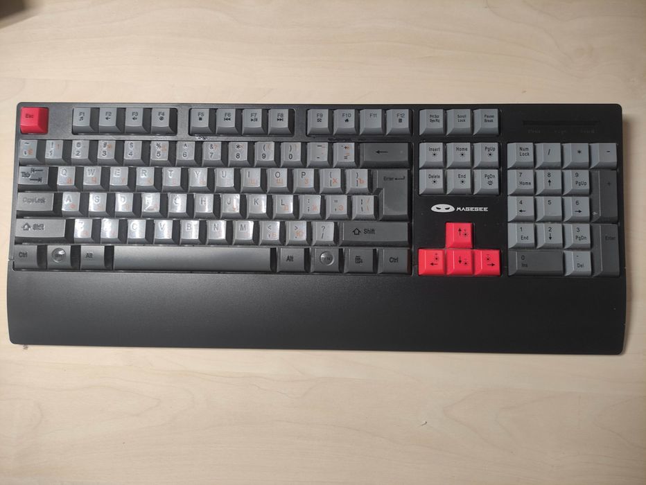 MageGee Wireless Rechargeable Gaming Keyboard with Ergonomic Wrist, RGB LED Backlit, Full Size 104-key Rest for Windows, Mac, PC, Laptop-Grey/Red