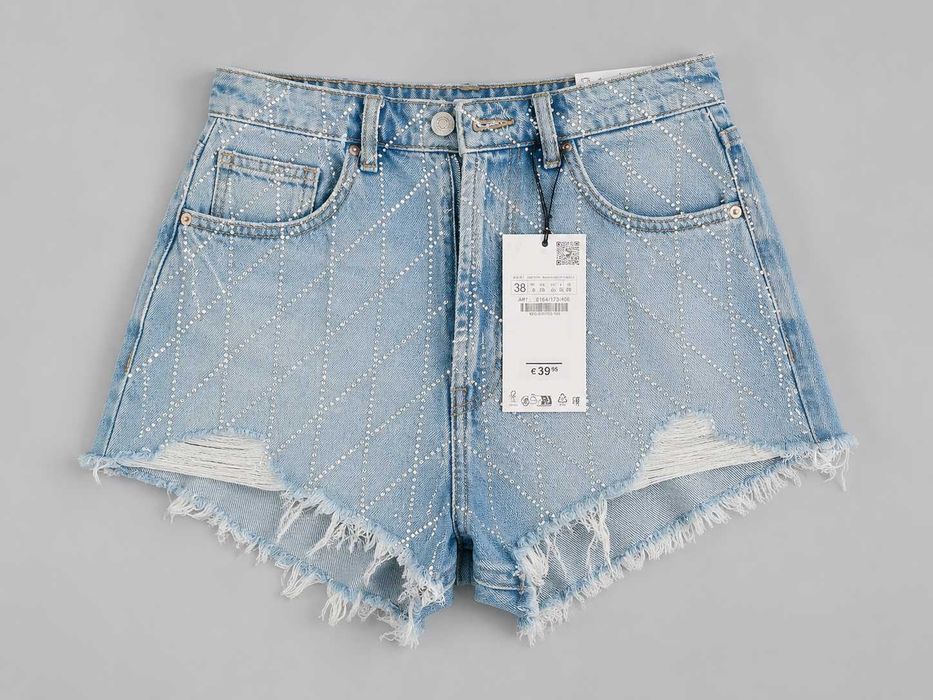 Zara Pantaloni Scurți Denim cu Cristale, Mărimea 38, Noi cu Etichetă - PRET REDUS DE LA 40 euro