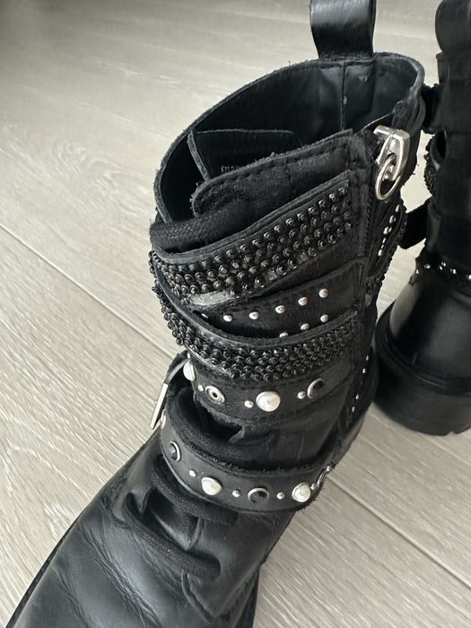 Botine Zara din piele naturală, negre, stil biker, mărime 37