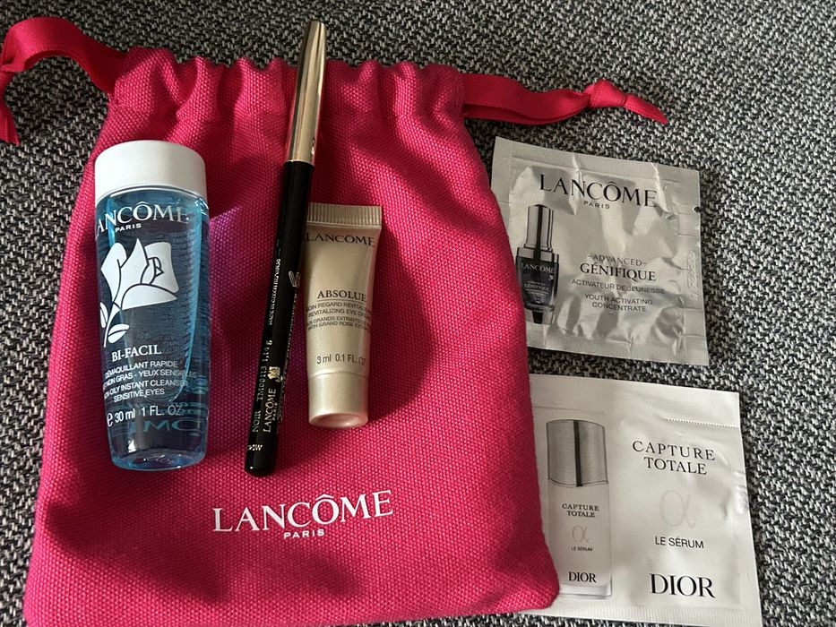 Set produse Lancome travel, demachiant , rimel, crema de ochi, saculet