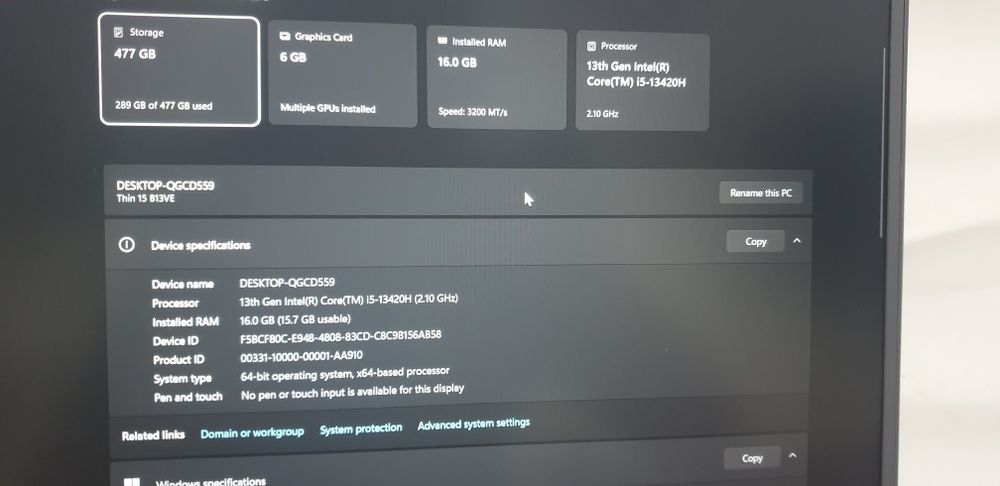 MSI Thin 15 sotiladi 16/512 gb, RTX 4050 6gb