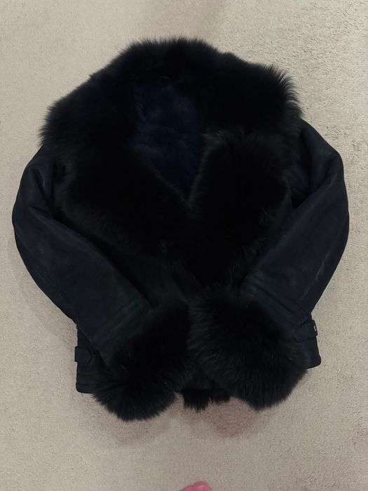 Зимно кожено яке с лисица чисто ново- мастилено син цвят S/XS