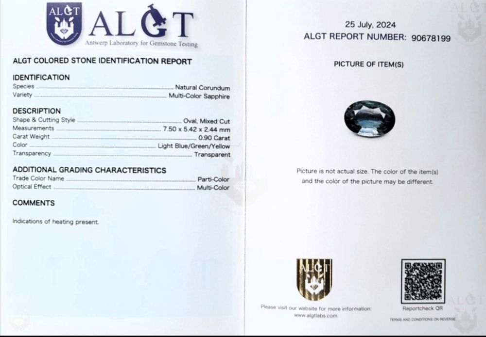 Сапфири с белгийски сертификати ALGT