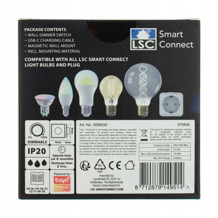 LSC Smart Connect WiFi 2,4 GHz интелигентен димер и ключ за осветление