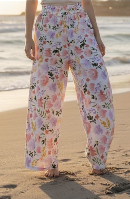 Pantaloni Palazzo floral din muselină, handmade