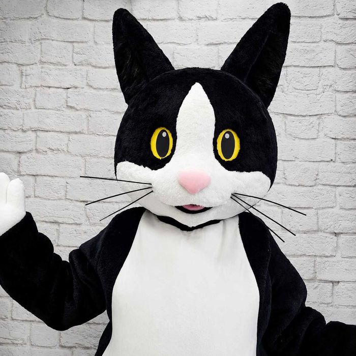 Costum mascotă Felix Pisica alb-negru profesional realizat manual pentru petreceri, evenimente și spectacole copii și adulți