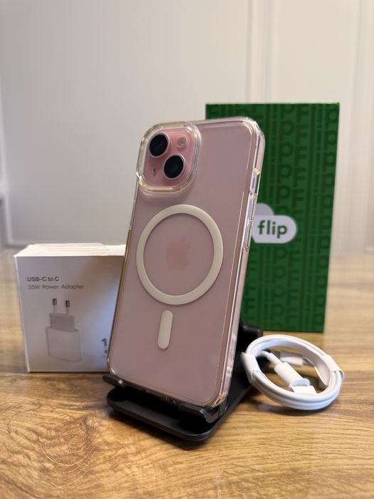 IPhone 15 5G de 128GB ca NOU cu Garanție 2Ani Flip 100% Sănătate Baterie Folie Husă și Încărcător nou