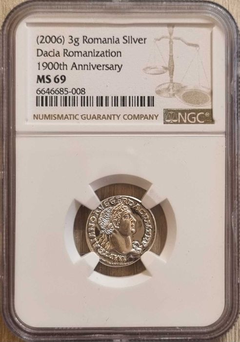 Denar imparatul Traian, replica BNR 2006 gradata NGC MS 69