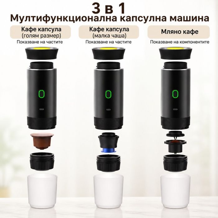 Преносима еспресо машина 3 в 1 с USB зарядно, 20 бара – мини кафемашина за капсули и мляно кафе за автомобил, офис и къмпинг