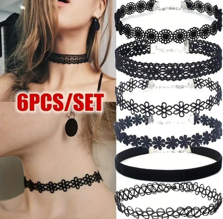 Стилен комплект черни дантелени колиета – 6 бр./комплект