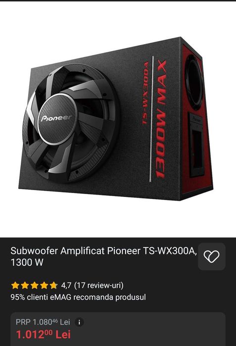 Subwoofer Amplificat Pioneer TS-WX300A, 1300 W