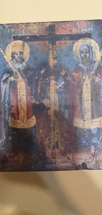 Icoană foarte rara 1858, românească Sfinții Constantin și Elena, de MATEI ZUGRAVUL.