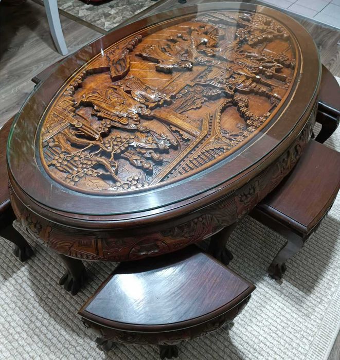 Антикварна японска маса с 6 стола от черешово дърво