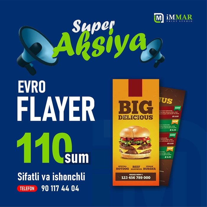 Flayer va barcha turdagi sifatli poligrafiya mahsulotlari