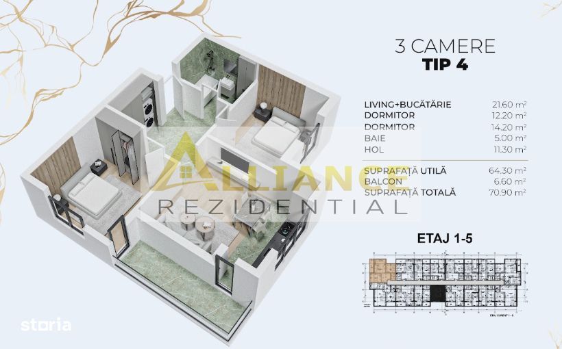 APARTAMENT 3 CAMERE | Incalzire in pardoseala | Metrou Berceni — fotografia 3