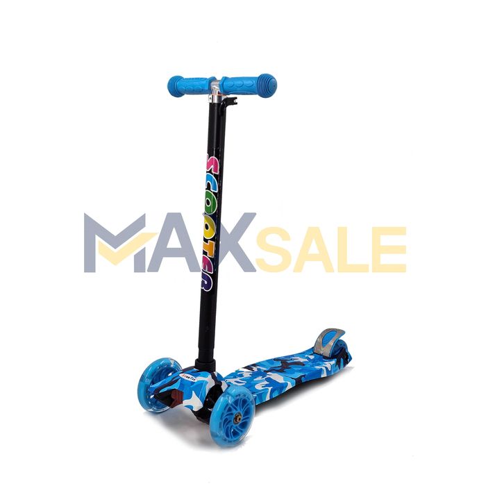 Детска тротинетка триколка камуфлаж с 3 светещи колела синьо