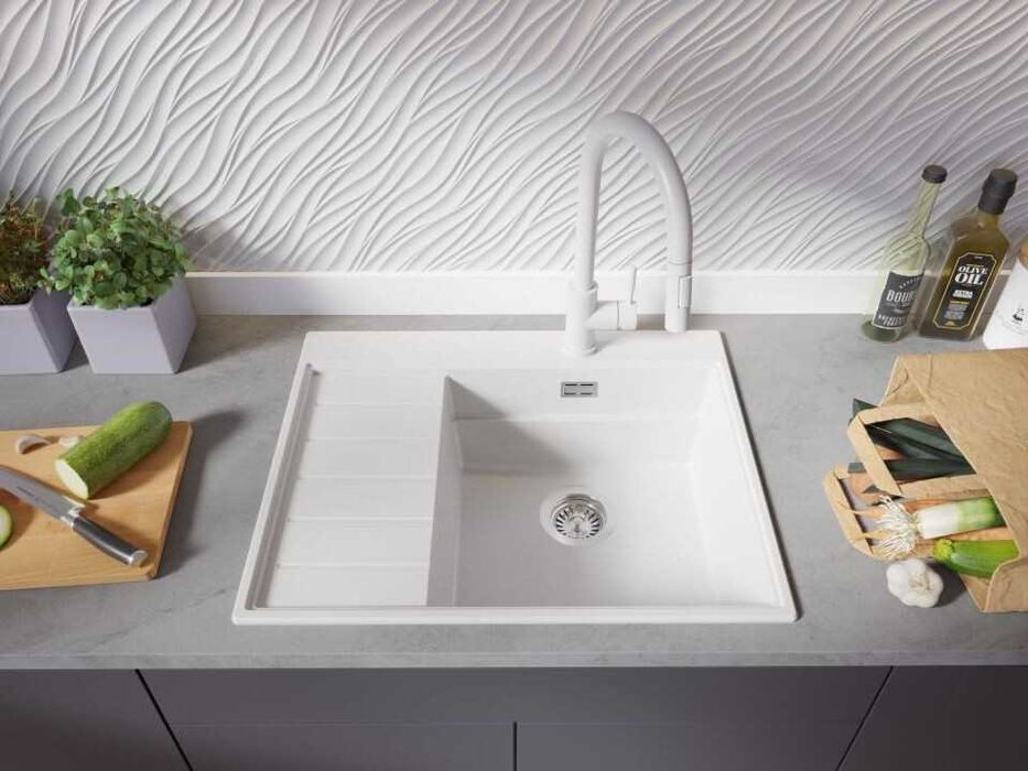Бяла гранитна кухненска мивка Сидни 620-45 Ergo Multilevel 620х500