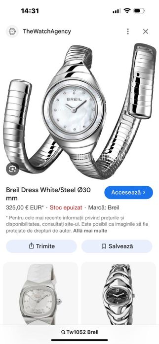 Ceas de dama Breil , elegant , argintiu , din otel inoxidabil , Nou !