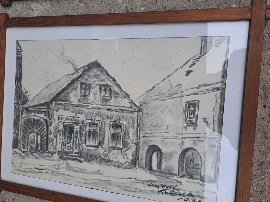 tablou desen in carbune 38/51 cm semnat Anton Klecka 1980