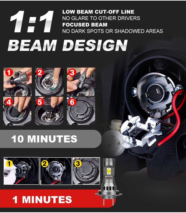 Set 2 becuri led auto H7 180W 6000k 20000lm forma la fel cu halogen