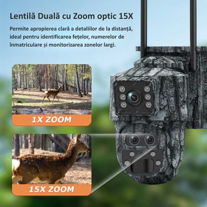 Camera de Vanatoare Dubla cu ZOOM 15x, SIM 4G, Solara, Baterie 7800mAh