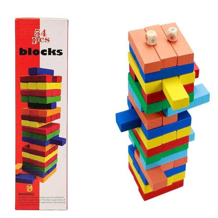 Дървена Дженга с 54 дървени цветни кубчета