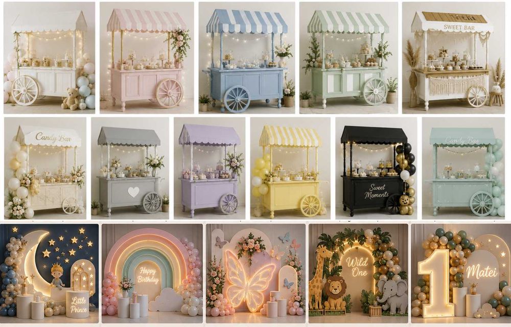 Fațade /casuțe tematice MDF / lemn pentru copii | Wall Art LED | Backdrops evenimente | Candy Bar