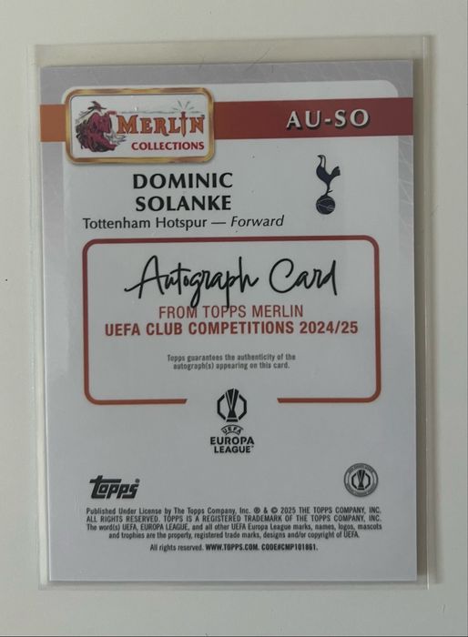 Dominic Solanke 2024–25 Topps Merlin UEFA – Autograf Gold /50 (Tottenham Hotspur)
