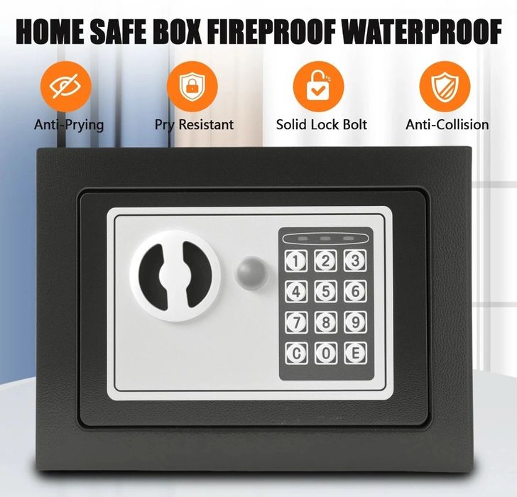 Seif metalic cu inchidere digitala si cheie 17 x 23 x 17 cm Negru