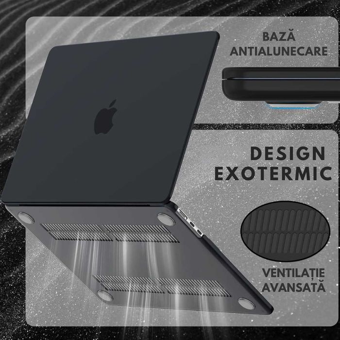 Husa  MacBook Air | PRO, Ventilatie Avansata, Ultra Slim, (2022-2026), Compatibila M2/M3/M4/M5, Modele A2681/A3113/A3240/A3449, Transparenta, Negru