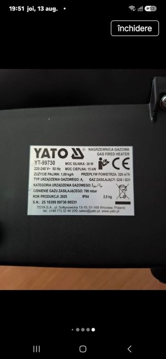 Încălzitor pe gaz Yato