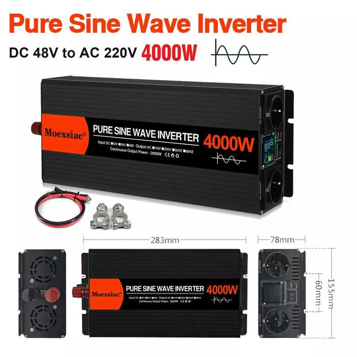 Invertor auto Moexiac  2000W, varf 4000W  12V sau 24V, unda pura, LCD