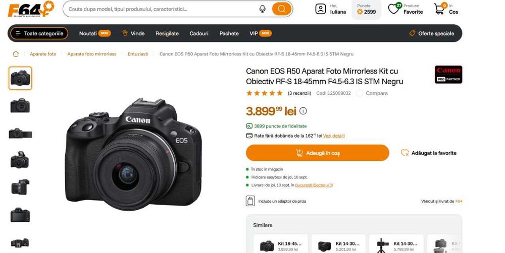 Canon EOS R50 NOU +  Kit obiectiv RF S 18-45mm IS STM -sub 2000 cadre–  în Garanție F64 noiembrie 2027