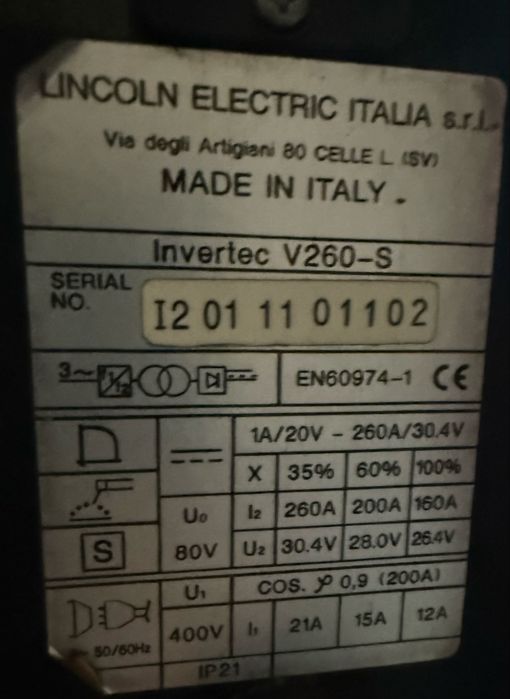 Aparat de sudura electrod MMA Lincoln Invertec V260S / 260 a / 380v