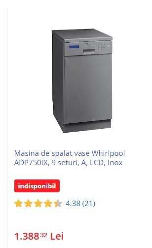 Masina de spalat vase Whirlpool ADP750IX, 9 seturi, A, LCD, Inox