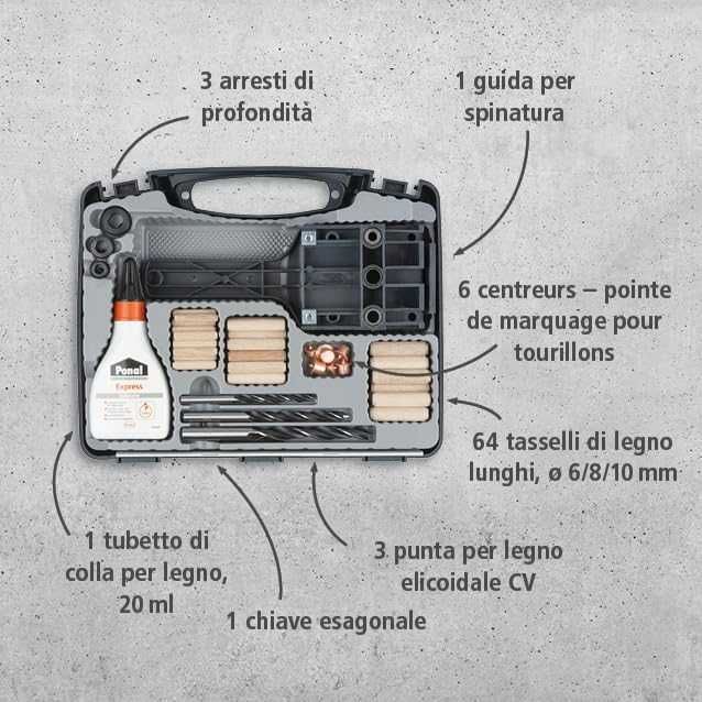 Универсален комплект поставяне на дюбели дибли с аксесоари Wolfcraft