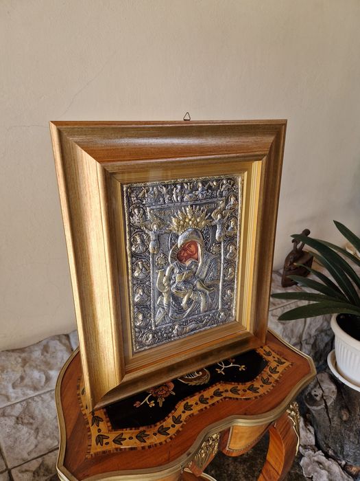 Прекрасна голяма антикварна сребърна икона сертификат маркировки