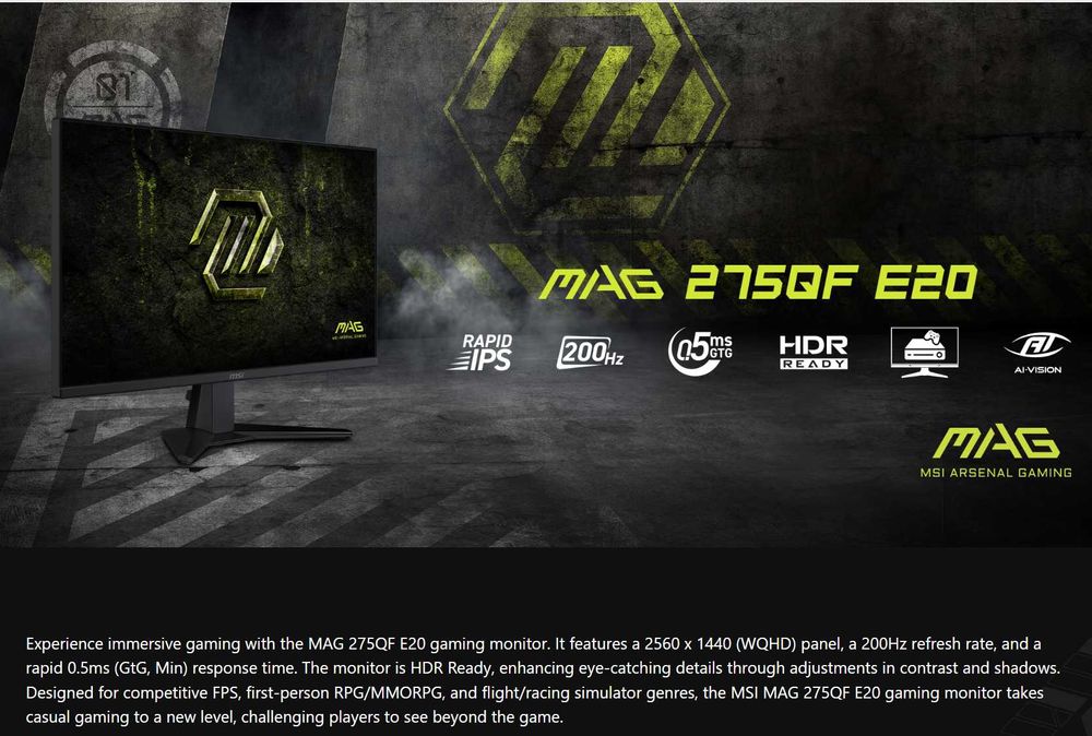 ПРОДАМ 27" MSI MAG 275QF/E20 Монитор (2K /200HZ / Rapid IPS/ HDMI-DP)