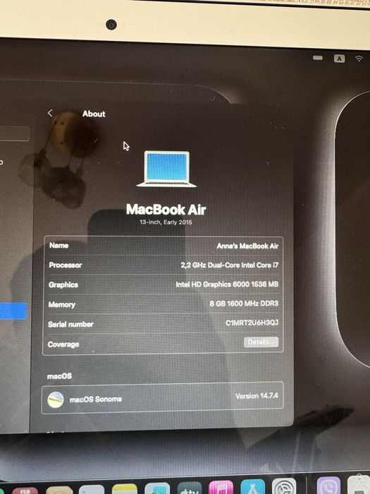 Лаптоп MacBook Air A1466, i7, 8 Gb Ram, 256 SSD