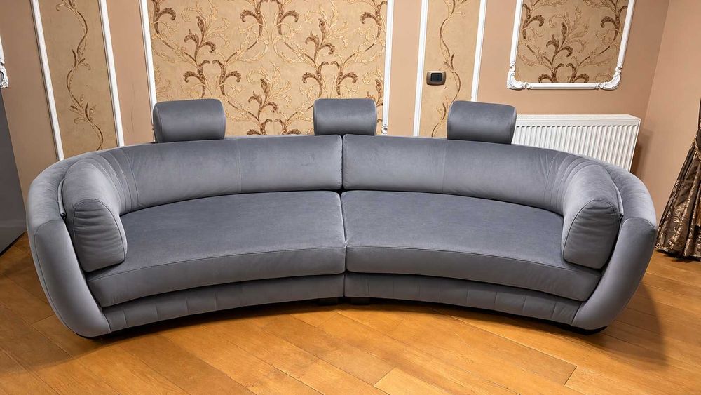 Canapea curbata eleganta, design deosebit, catifea gri, 290 cm, Brasov