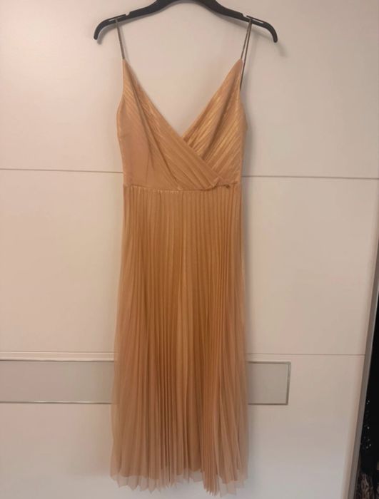 Rochie Nissa midi cu pliuri si bretele, auriu S