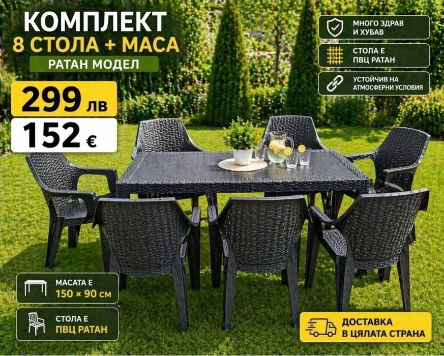 Комплект голяма маса + 8 бр столове ПВЦ Ратан Чисто нови