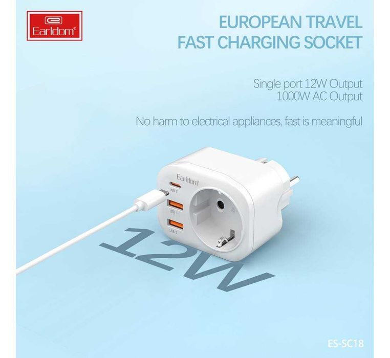 Разклонител за контакт ES-SC18, шуко, 2xUSB, 1xType-C,  220VAC, 4000W