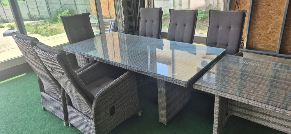 Set mobilier grădină premium – Masă + 6 scaune rabatabile, blat sticlă