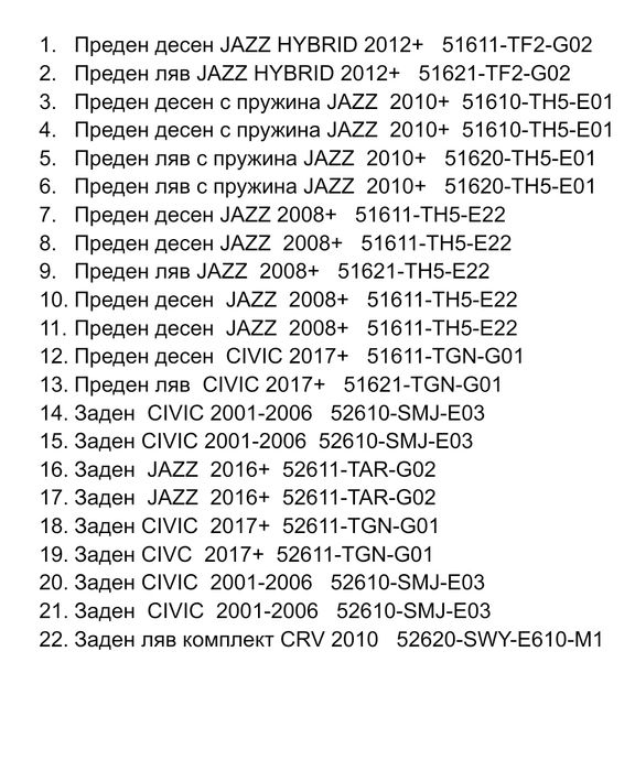 Амортисьори Оригинални Honda "SACHS"  Civic, Jazz, Hr-v, нови