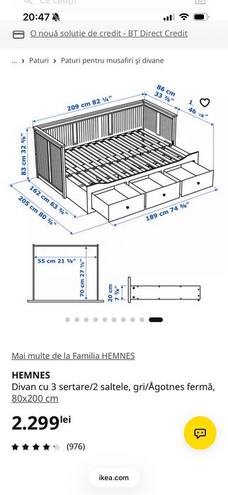 Pat IKEA HEMNES extensibil cu 2 saltele